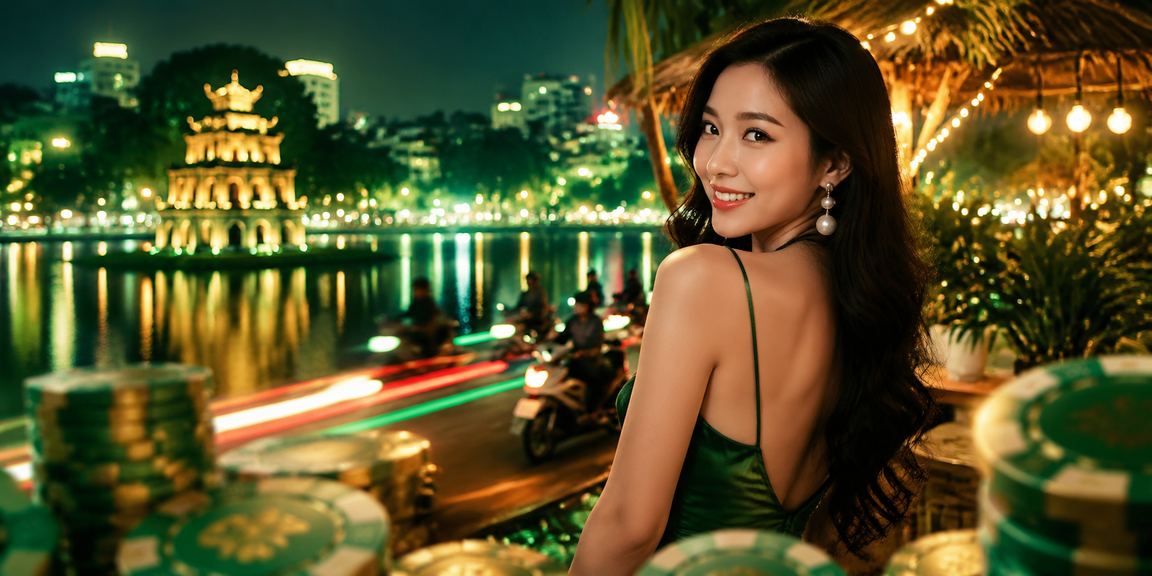 Người dùng Hà Nội truy cập nền tảng giải trí trực tuyến trên điện thoại với ánh đèn neon đêm phố